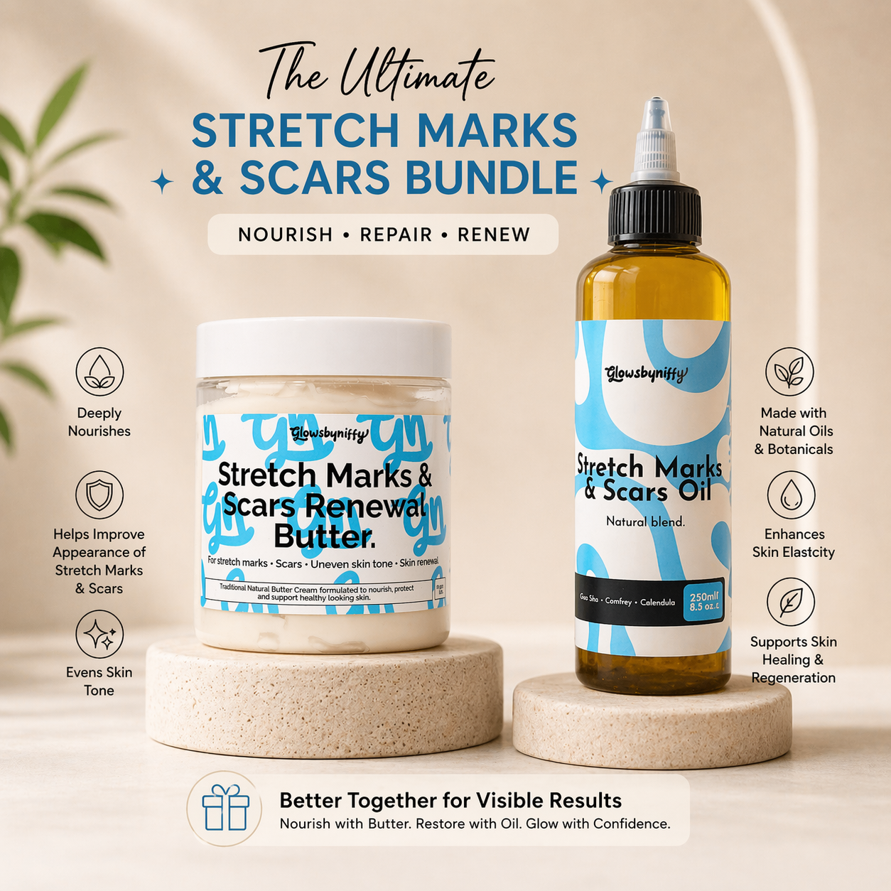 Glowsbyniffy Stretch Marks & Scars Renewal Duo BIG OIL BUNDLE (250ml Oil + 200g Body Butter)