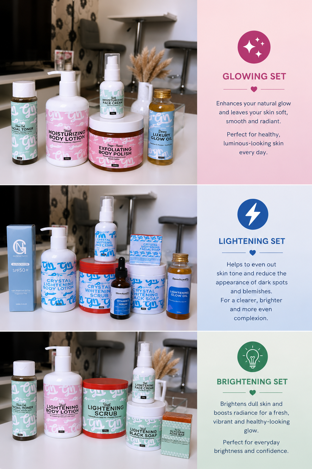Face and body sets for Glowing or Brightening or Lightening skincare products