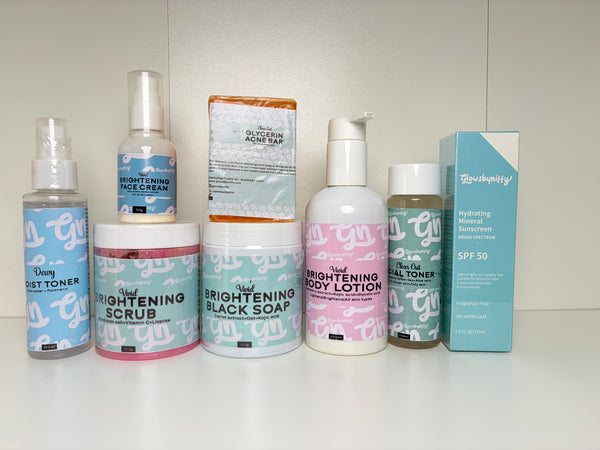 Brightening face and body set + acne prone skin combo with sunscreen